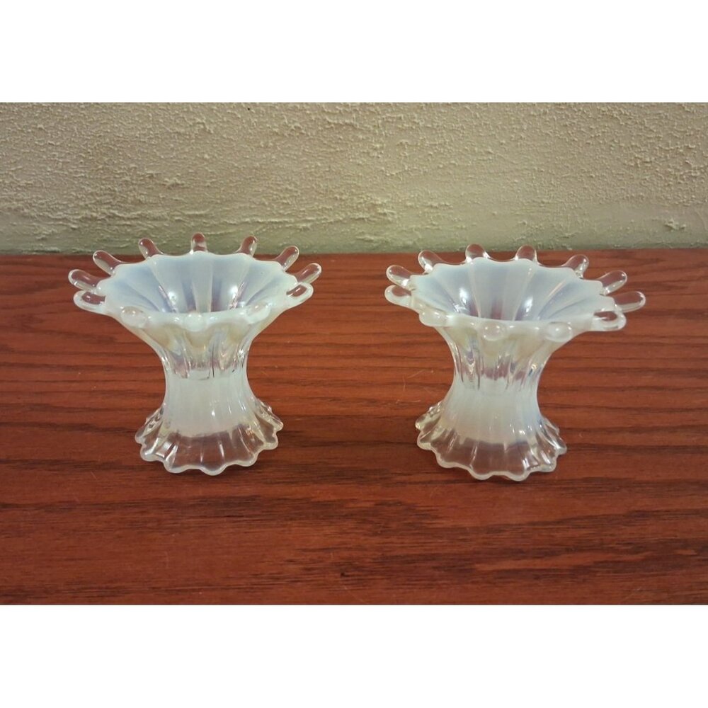 Fostoria Heirloom Candle Holders Vintage White and Blue Opalescent 1960s Set 2